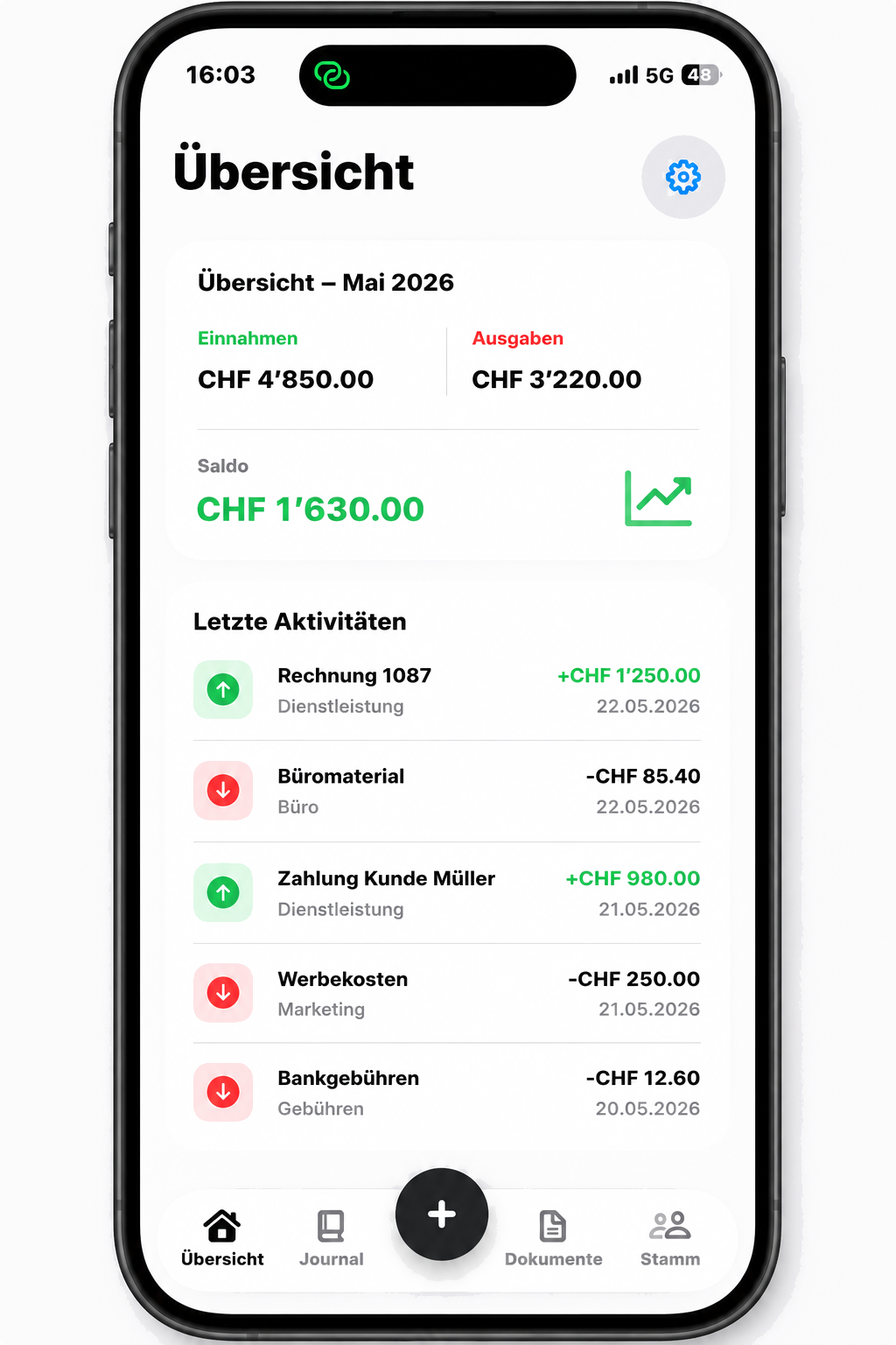 SwissKassa App Mockup mit Übersicht, Einnahmen, Ausgaben und letzten Aktivitäten